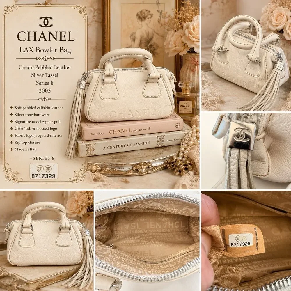 Chanel LAX Bowler Bag Cream Pebbled Leather Silver Tassel Series 8 2003 - Picture 2 of 14